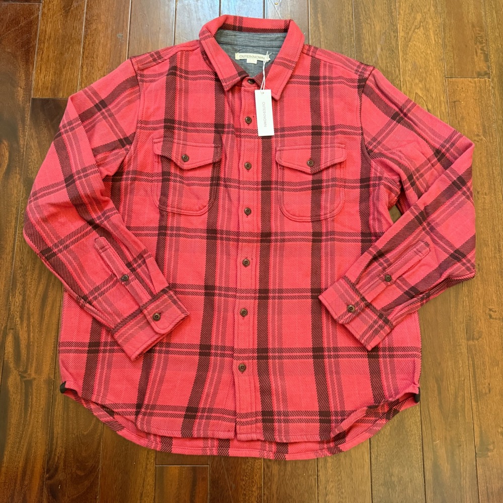 Outerknown Blanket Shirt L Red Black Plaid Organic Cotton Flannel Button Up